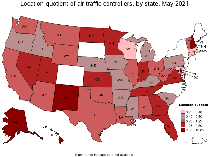 Map of location quotient of air traffic controllers by state, May 2021