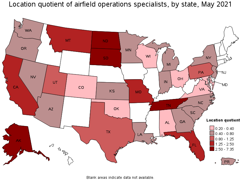 Map of location quotient of airfield operations specialists by state, May 2021