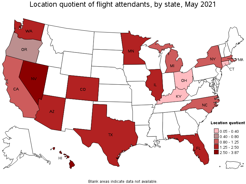 Map of location quotient of flight attendants by state, May 2021