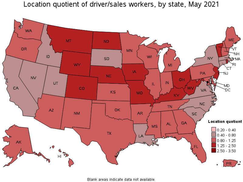 Map of location quotient of driver/sales workers by state, May 2021