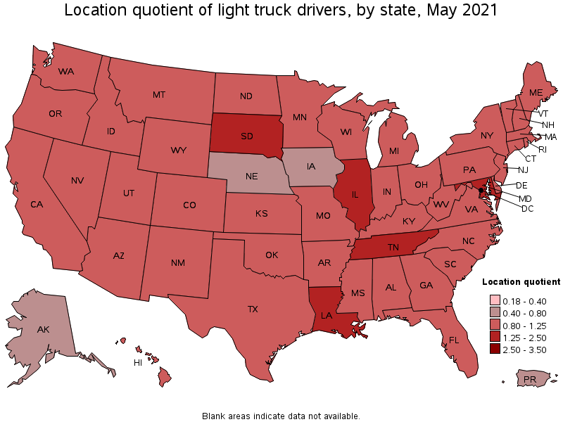 Map of location quotient of light truck drivers by state, May 2021