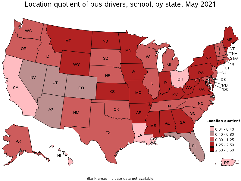 Map of location quotient of bus drivers, school by state, May 2021