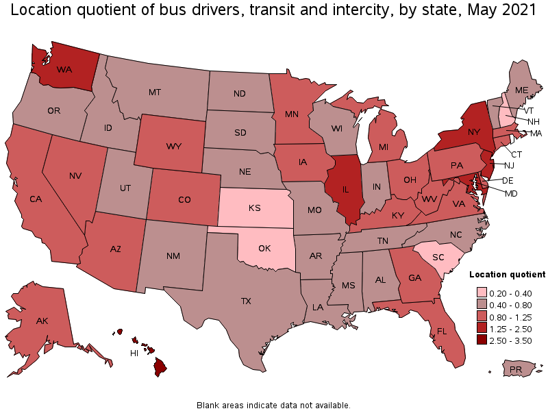 Map of location quotient of bus drivers, transit and intercity by state, May 2021