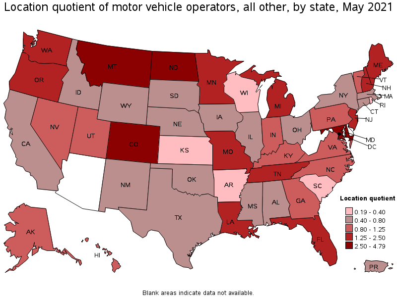 Map of location quotient of motor vehicle operators, all other by state, May 2021