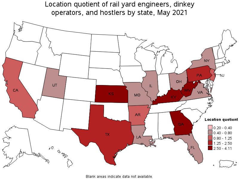 Map of location quotient of rail yard engineers, dinkey operators, and hostlers by state, May 2021