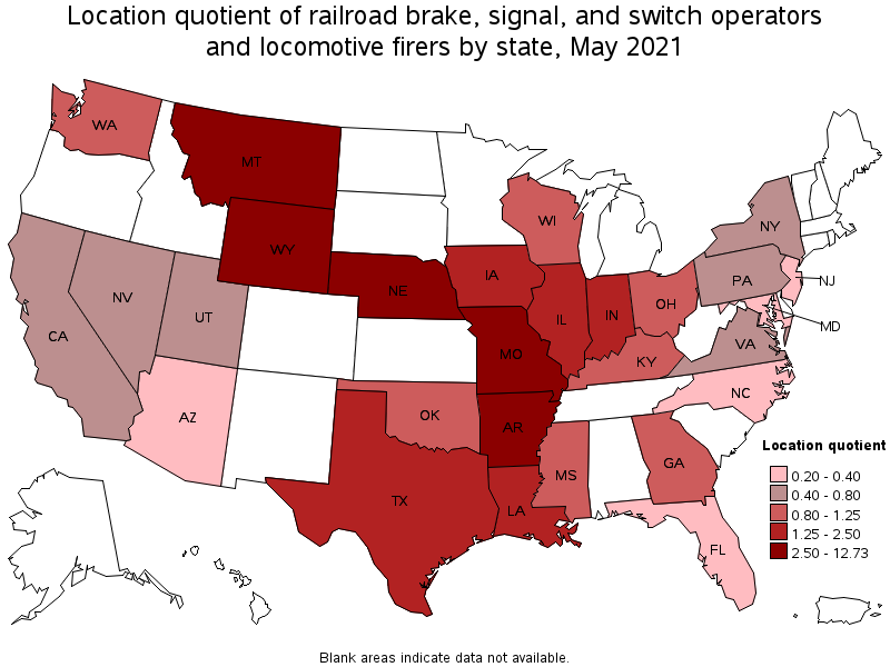 Map of location quotient of railroad brake, signal, and switch operators and locomotive firers by state, May 2021