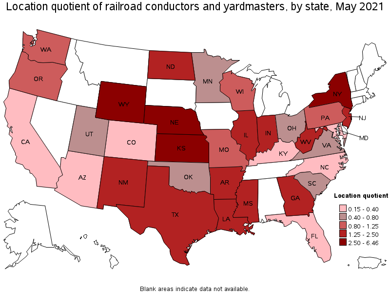 Map of location quotient of railroad conductors and yardmasters by state, May 2021