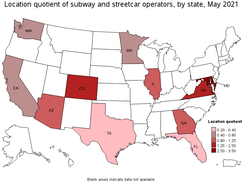 Map of location quotient of subway and streetcar operators by state, May 2021