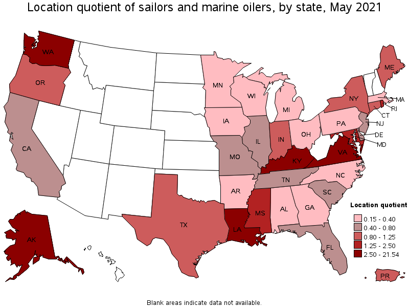 Map of location quotient of sailors and marine oilers by state, May 2021