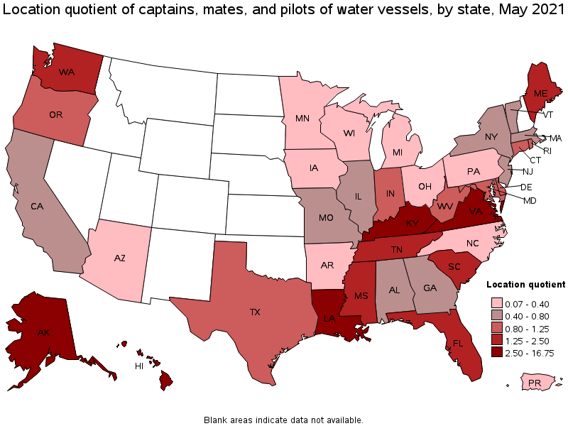 Map of location quotient of captains, mates, and pilots of water vessels by state, May 2021