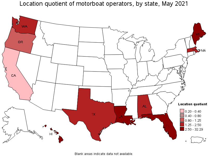 Map of location quotient of motorboat operators by state, May 2021