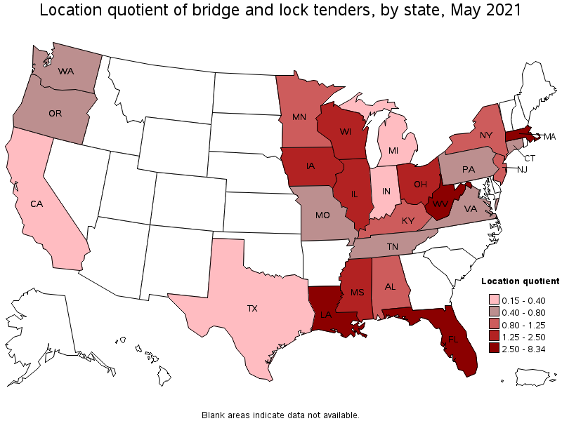 Map of location quotient of bridge and lock tenders by state, May 2021