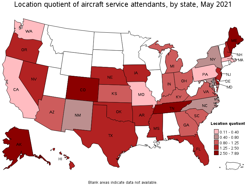 Map of location quotient of aircraft service attendants by state, May 2021