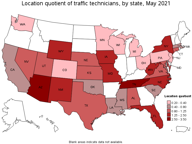 Map of location quotient of traffic technicians by state, May 2021