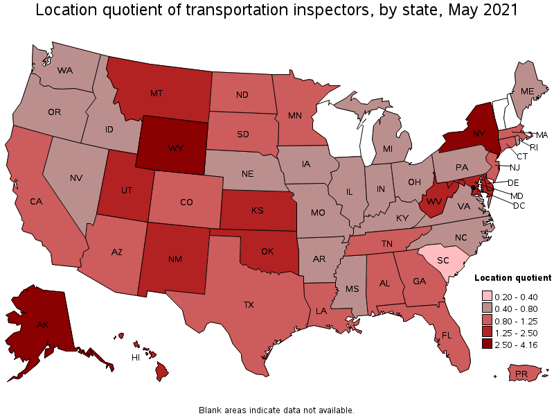 Map of location quotient of transportation inspectors by state, May 2021