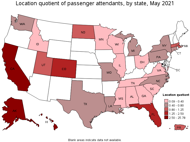 Map of location quotient of passenger attendants by state, May 2021