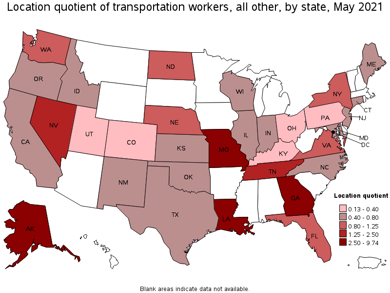Map of location quotient of transportation workers, all other by state, May 2021