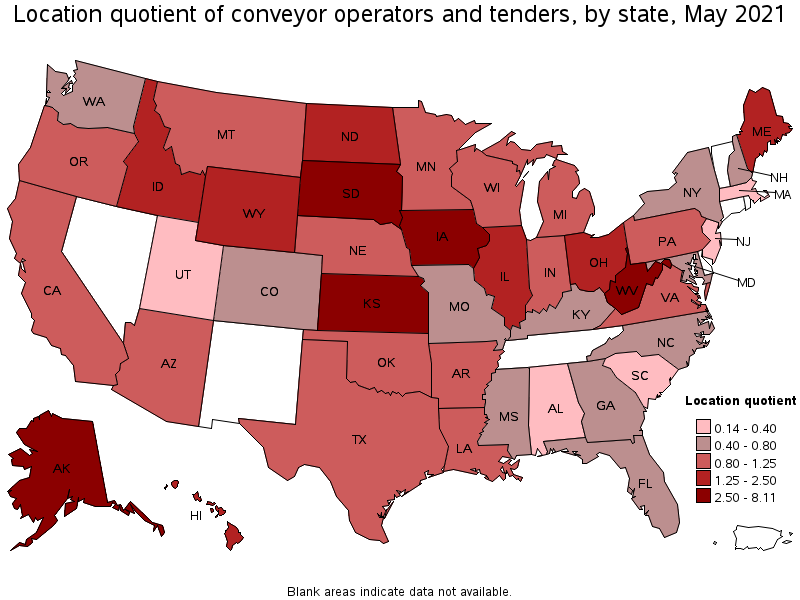 Map of location quotient of conveyor operators and tenders by state, May 2021