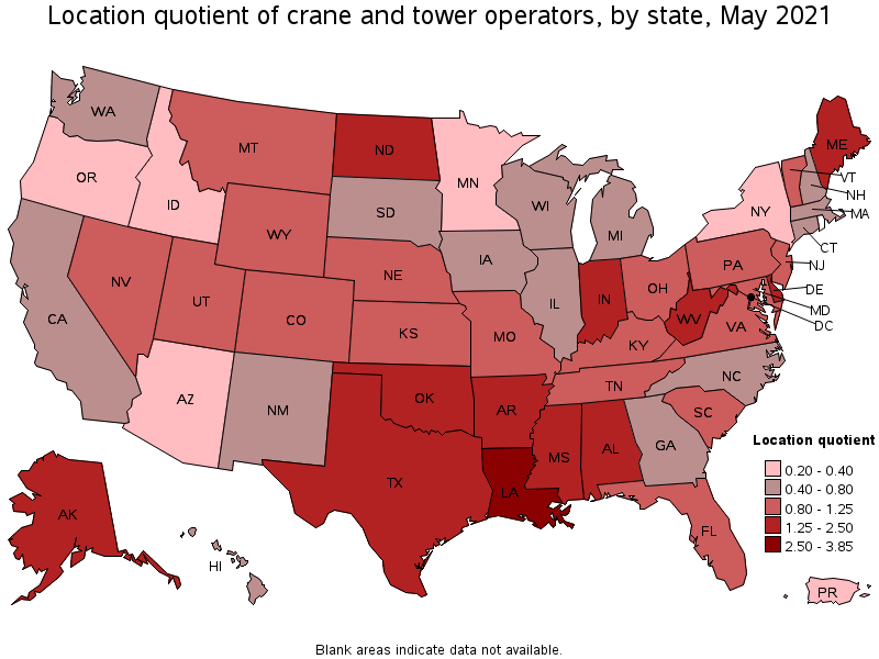 Map of location quotient of crane and tower operators by state, May 2021