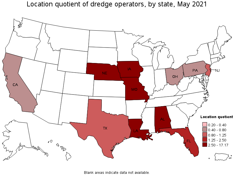 Map of location quotient of dredge operators by state, May 2021
