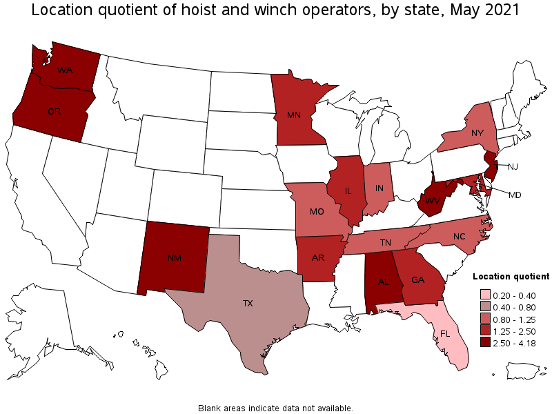 Map of location quotient of hoist and winch operators by state, May 2021