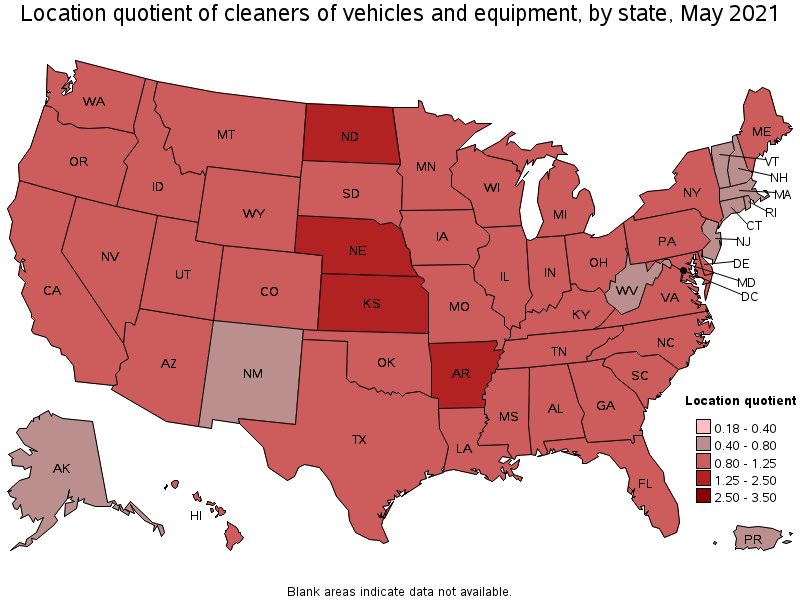 Map of location quotient of cleaners of vehicles and equipment by state, May 2021