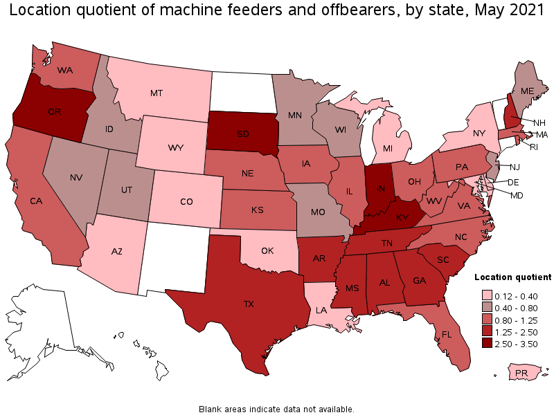 Map of location quotient of machine feeders and offbearers by state, May 2021