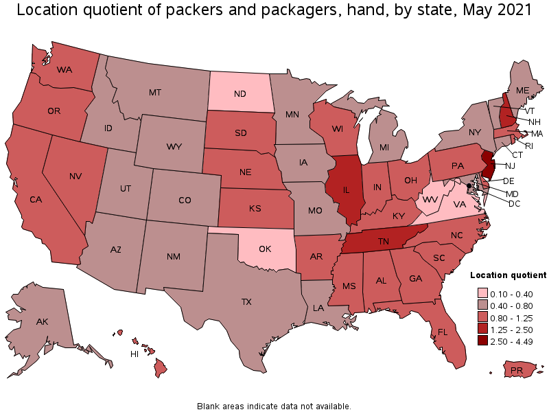 Map of location quotient of packers and packagers, hand by state, May 2021