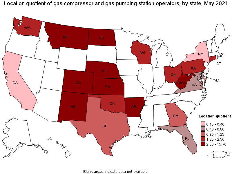 Map of location quotient of gas compressor and gas pumping station operators by state, May 2021