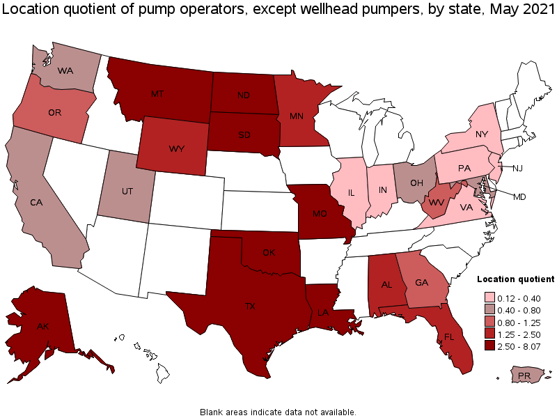 Map of location quotient of pump operators, except wellhead pumpers by state, May 2021