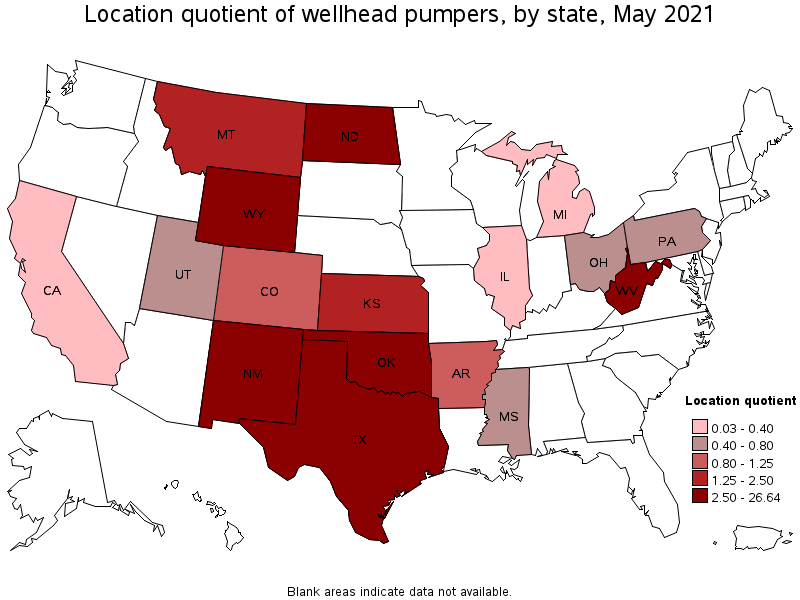 Map of location quotient of wellhead pumpers by state, May 2021