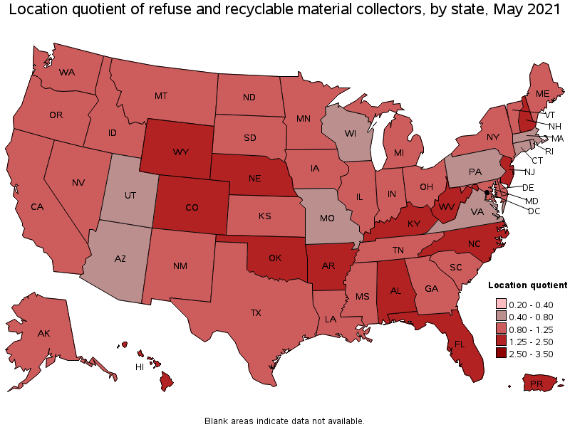 Map of location quotient of refuse and recyclable material collectors by state, May 2021