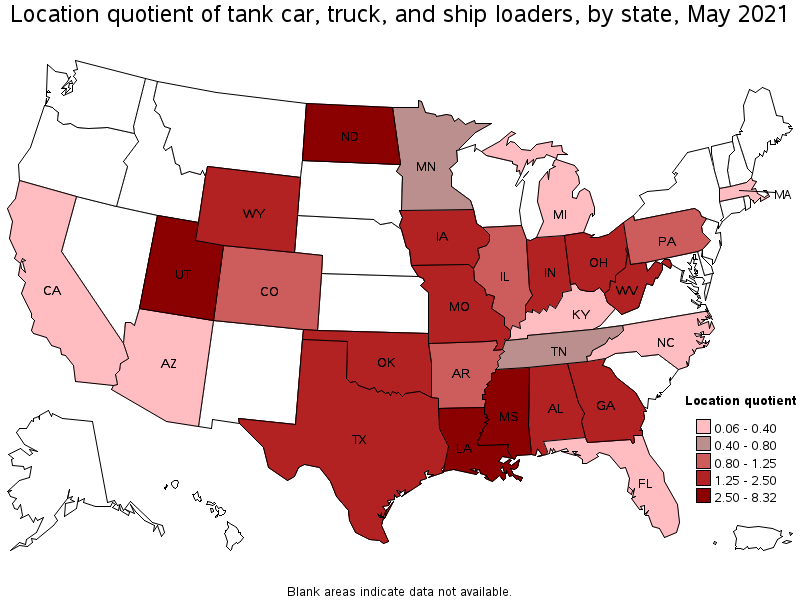 Map of location quotient of tank car, truck, and ship loaders by state, May 2021