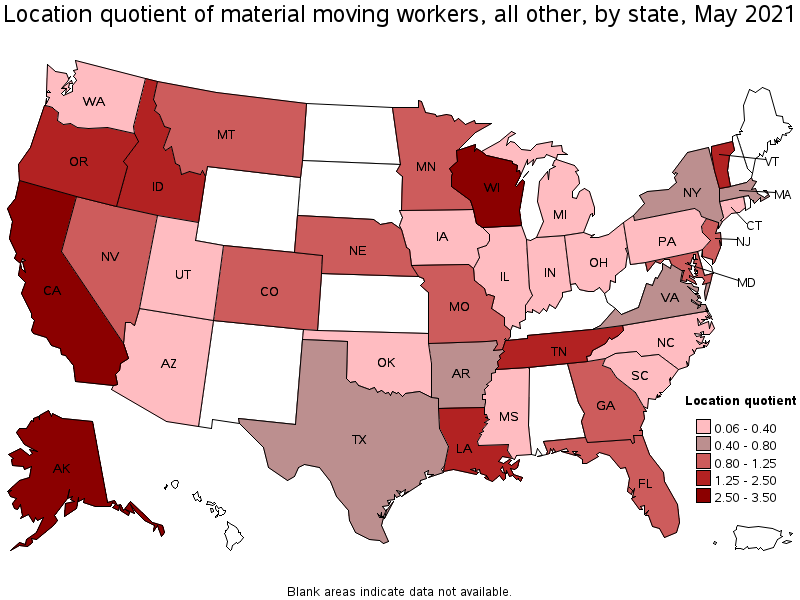 Map of location quotient of material moving workers, all other by state, May 2021