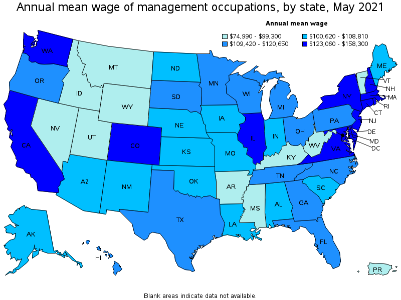 Map of annual mean wages of management occupations by state, May 2021