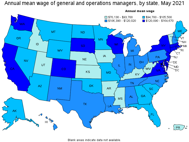 Map of annual mean wages of general and operations managers by state, May 2021