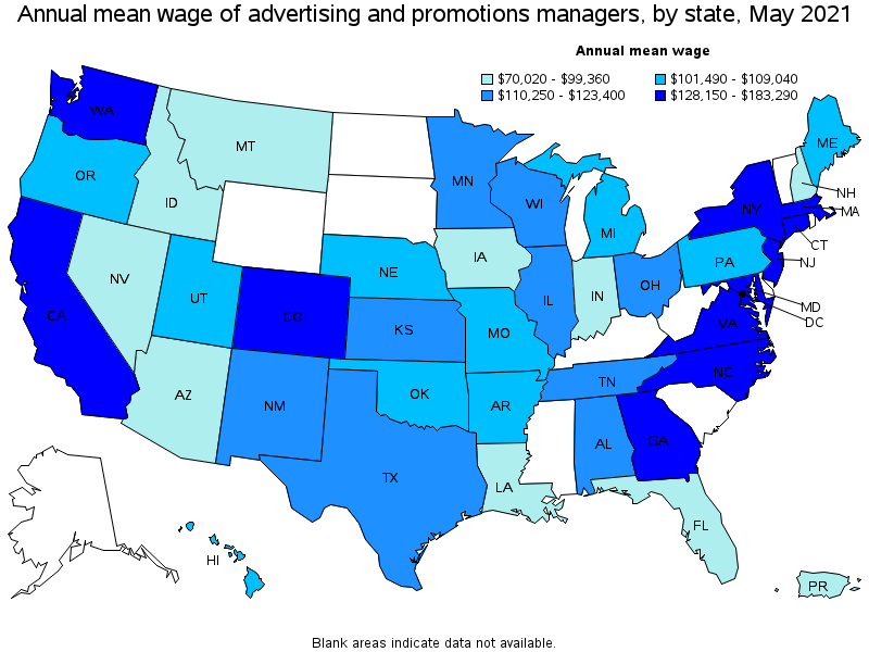 Map of annual mean wages of advertising and promotions managers by state, May 2021