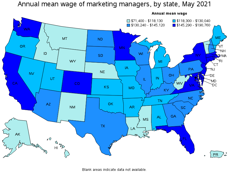 Map of annual mean wages of marketing managers by state, May 2021