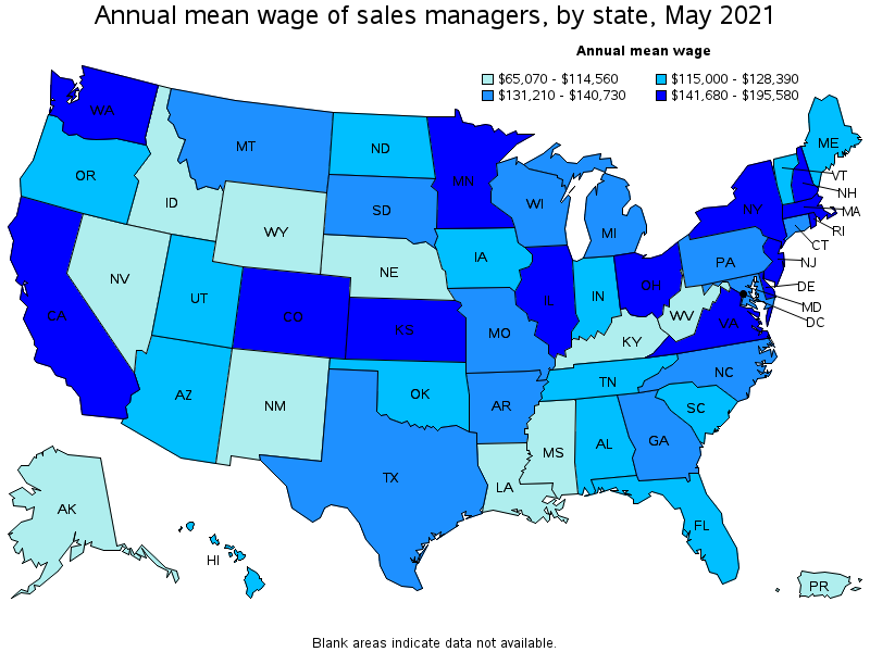 Map of annual mean wages of sales managers by state, May 2021