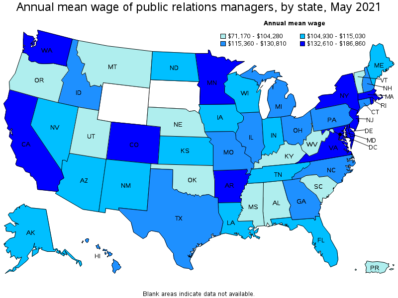 Map of annual mean wages of public relations managers by state, May 2021