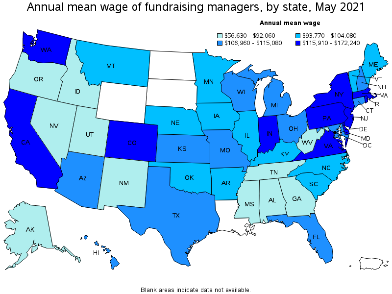 Map of annual mean wages of fundraising managers by state, May 2021