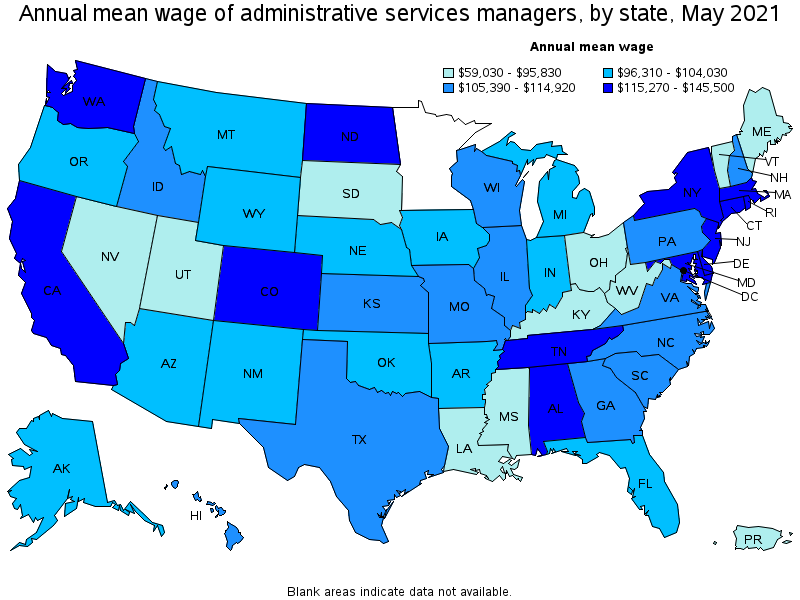 Map of annual mean wages of administrative services managers by state, May 2021