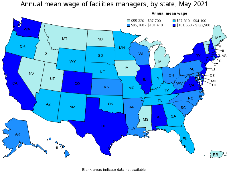 Map of annual mean wages of facilities managers by state, May 2021