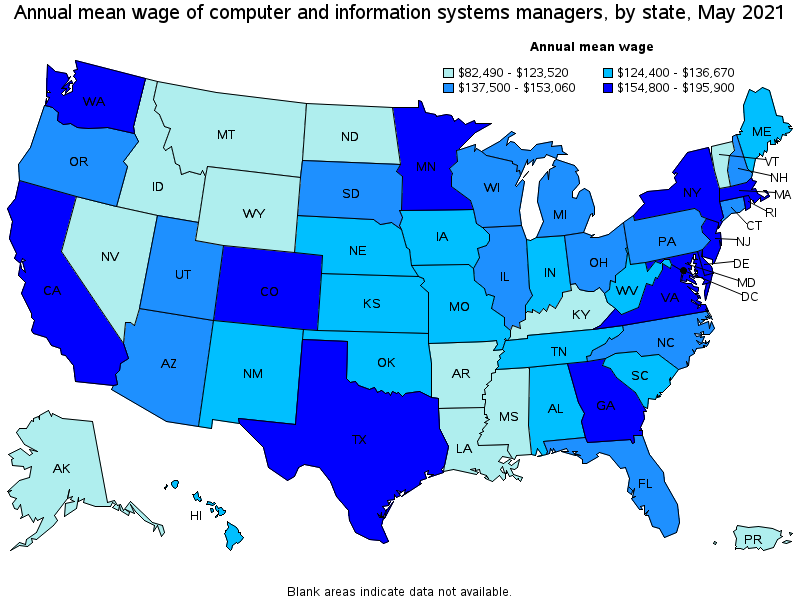 Map of annual mean wages of computer and information systems managers by state, May 2021