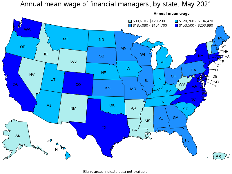 Map of annual mean wages of financial managers by state, May 2021