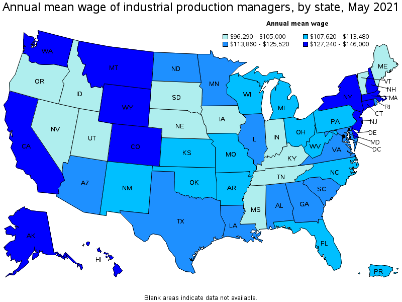 Map of annual mean wages of industrial production managers by state, May 2021