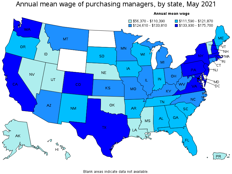 Map of annual mean wages of purchasing managers by state, May 2021