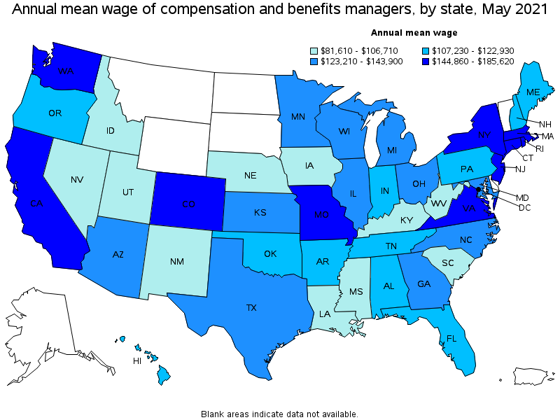 Map of annual mean wages of compensation and benefits managers by state, May 2021