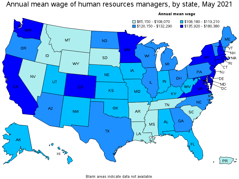 Map of annual mean wages of human resources managers by state, May 2021