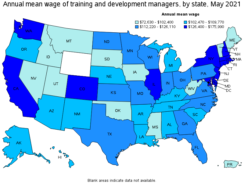 Map of annual mean wages of training and development managers by state, May 2021